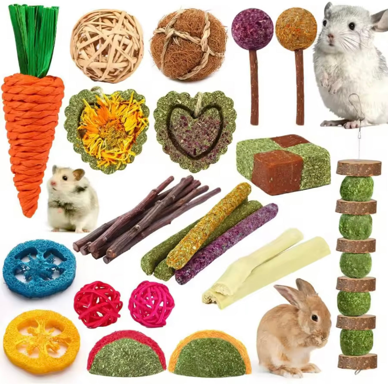 Natural Timothy Hay & Apple Wood Chew Toy Set – 27 Pieces
