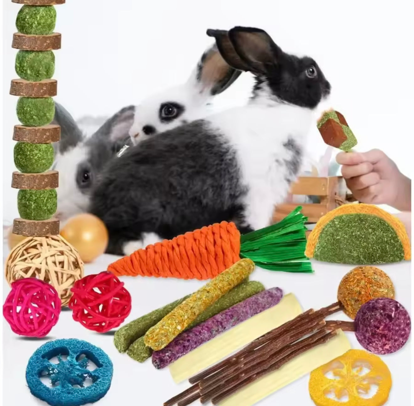 Natural Timothy Hay & Apple Wood Chew Toy Set – 27 Pieces