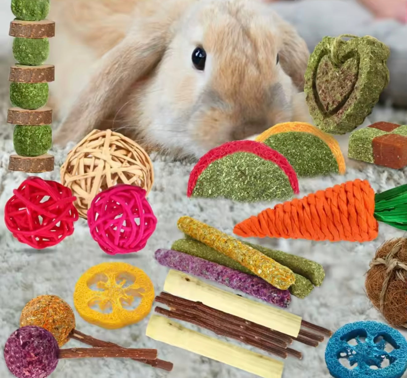 Natural Timothy Hay & Apple Wood Chew Toy Set – 27 Pieces