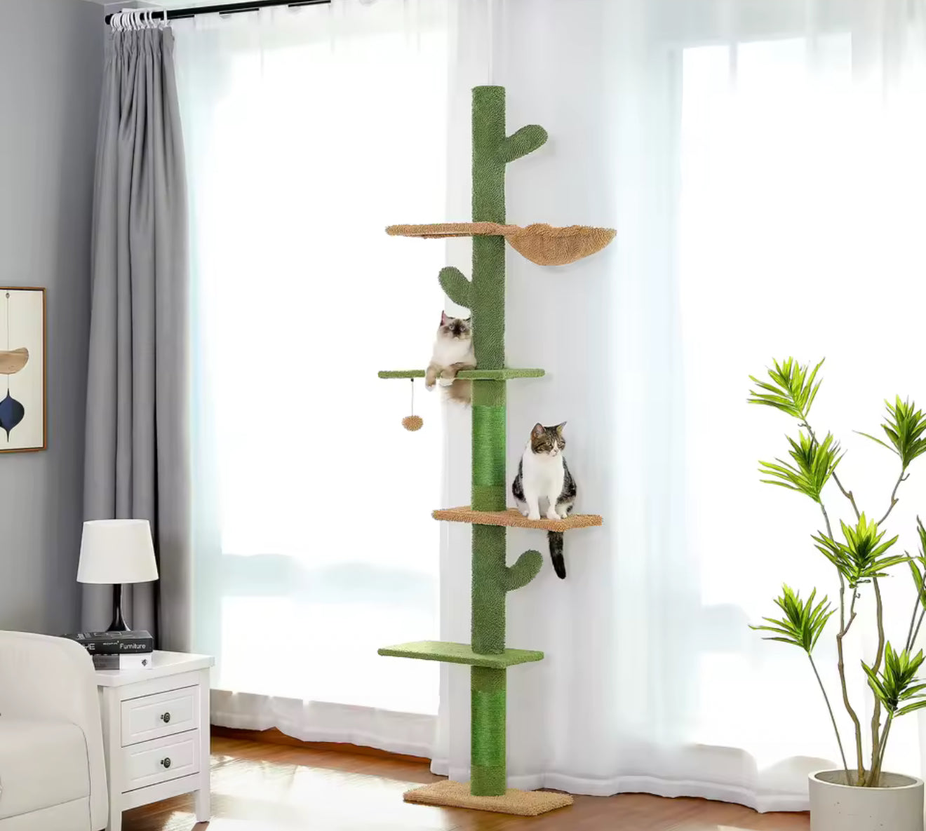 5-Tier Cactus Cat Tower Floor-to-Ceiling Climbing Tree with Adjustable Height, Scratching Posts, Hammock, and Toys for Indoor Cats
