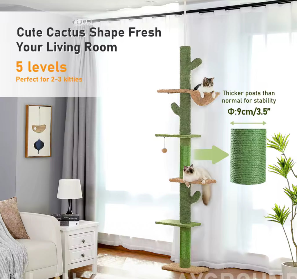 5-Tier Cactus Cat Tower Floor-to-Ceiling Climbing Tree with Adjustable Height, Scratching Posts, Hammock, and Toys for Indoor Cats