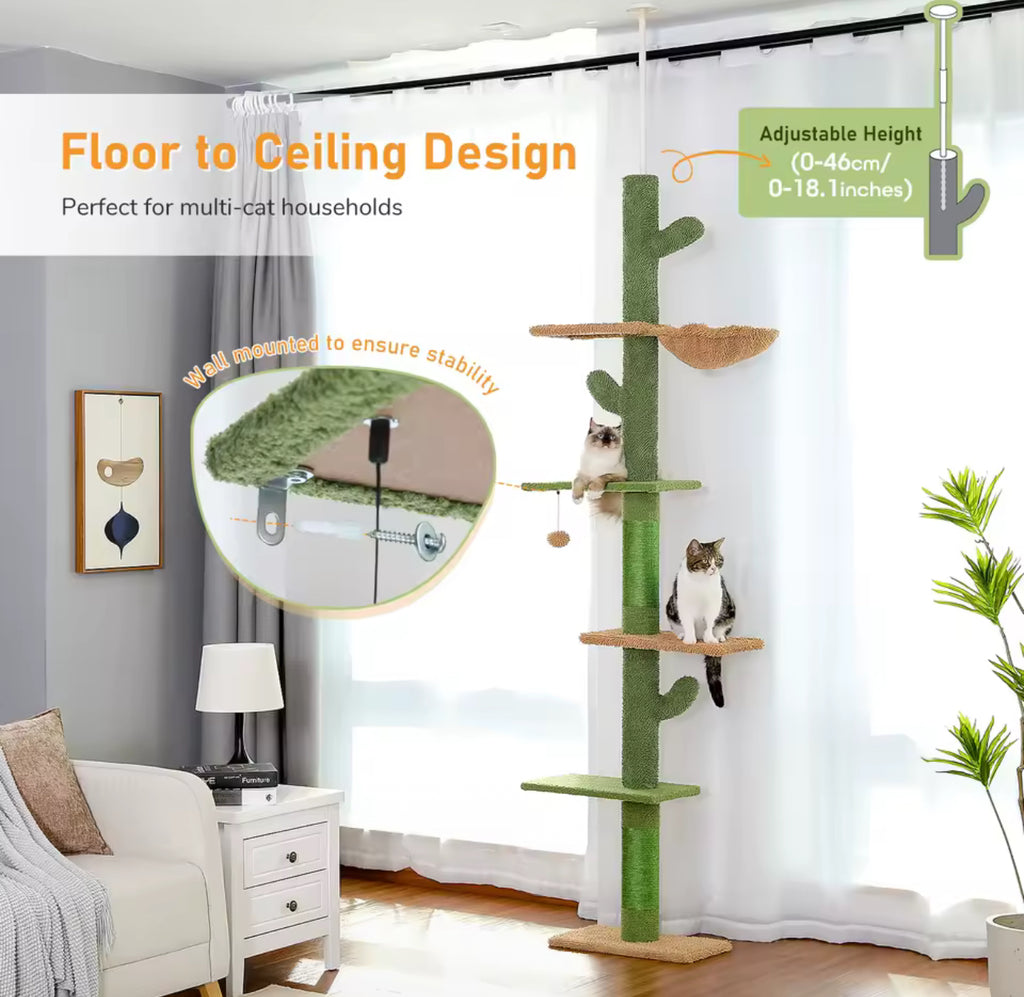 5-Tier Cactus Cat Tower Floor-to-Ceiling Climbing Tree with Adjustable Height, Scratching Posts, Hammock, and Toys for Indoor Cats
