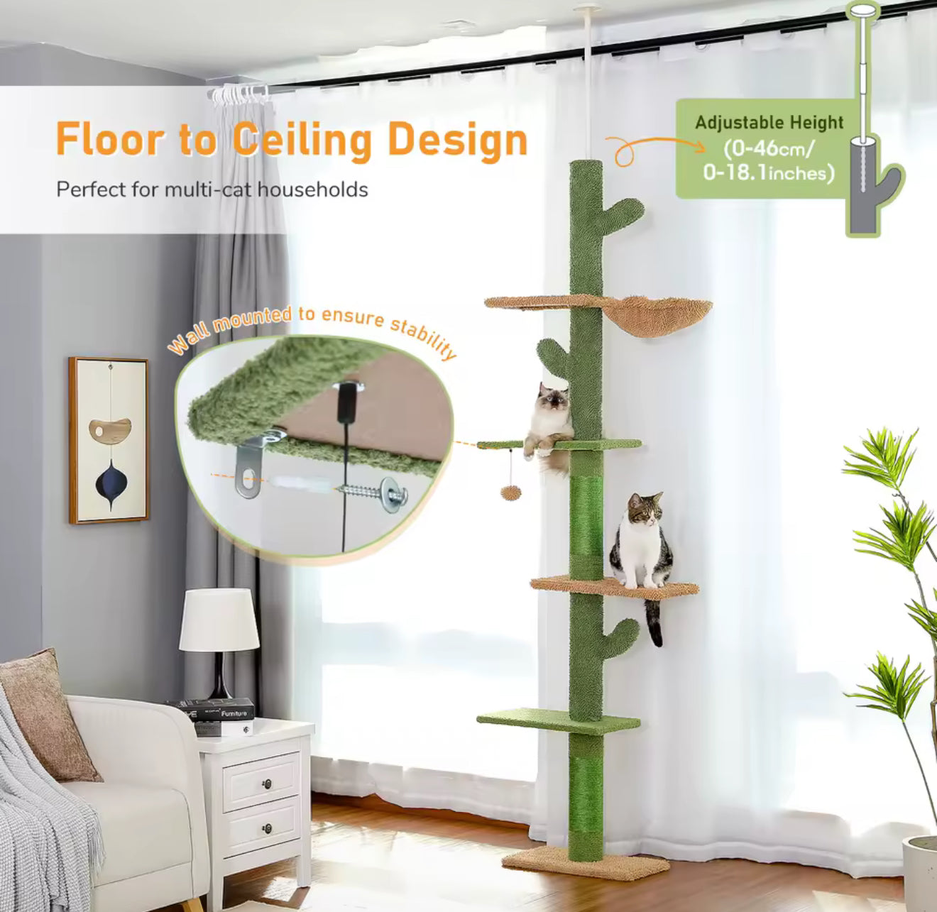 5-Tier Cactus Cat Tower Floor-to-Ceiling Climbing Tree with Adjustable Height, Scratching Posts, Hammock, and Toys for Indoor Cats