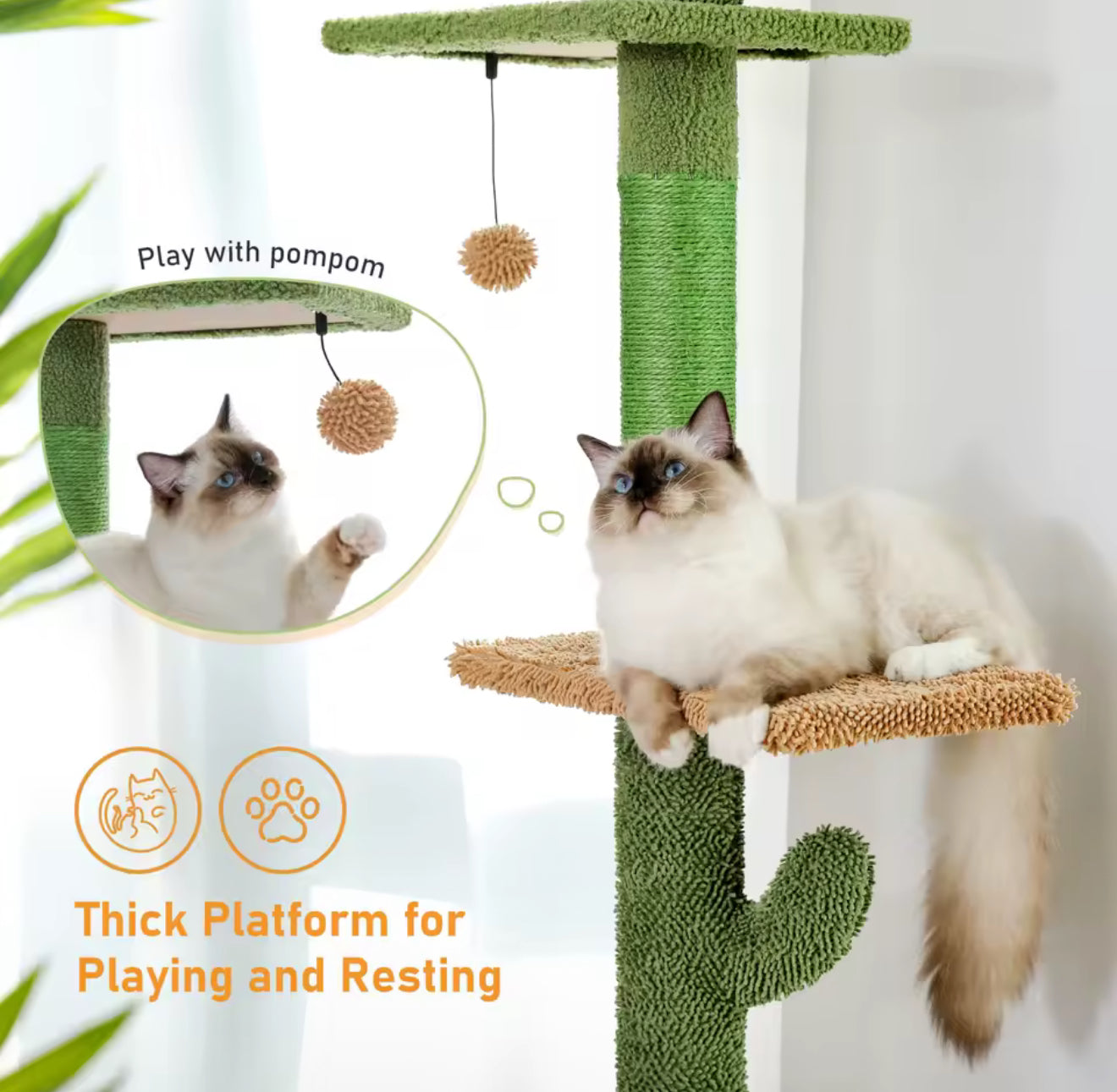 5-Tier Cactus Cat Tower Floor-to-Ceiling Climbing Tree with Adjustable Height, Scratching Posts, Hammock, and Toys for Indoor Cats
