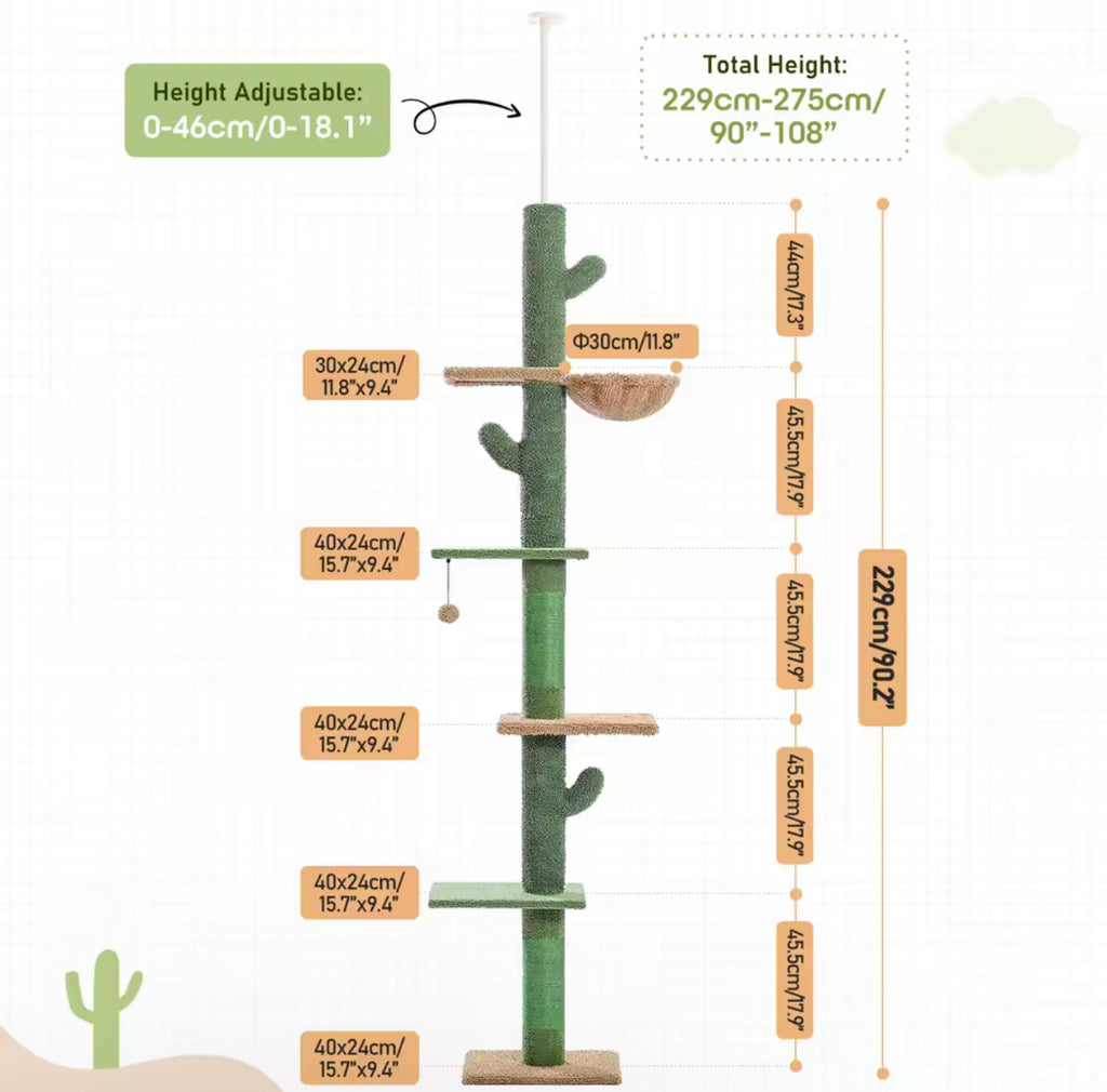 5-Tier Cactus Cat Tower Floor-to-Ceiling Climbing Tree with Adjustable Height, Scratching Posts, Hammock, and Toys for Indoor Cats